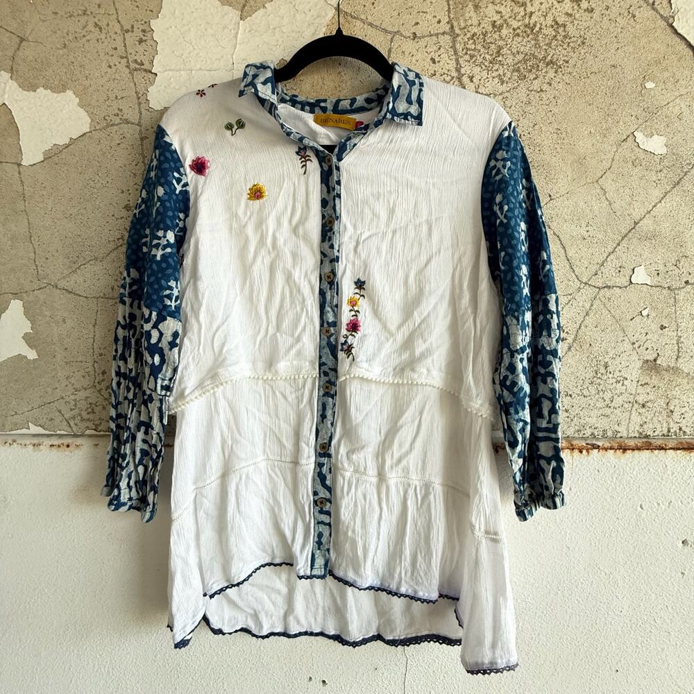Boho Embroidered Tunic Top Crinkle Rayon‎ Button Front White Blue Floral Benares